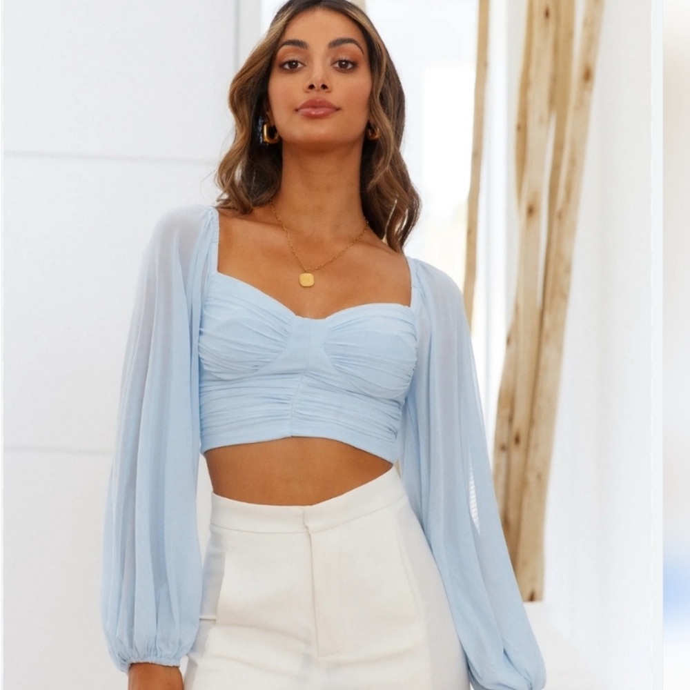 Hello Molly Light Blue Cropped Top Ruched Off Shoulder Medium